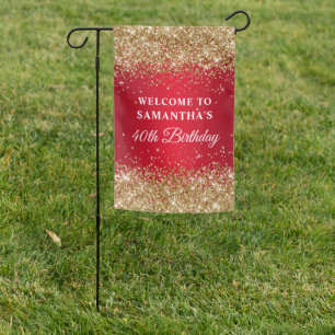 Gold Glitter Red Ombre 40th Birthday Garden Flag