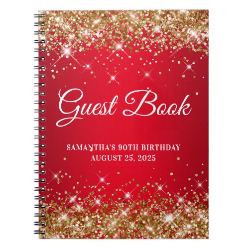 Gold Glitter Red Ombre 90th Birthday Guestbook Notebook