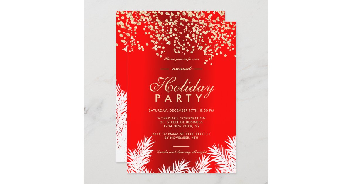Gold glitter red pines winter corporate holiday invitation | Zazzle