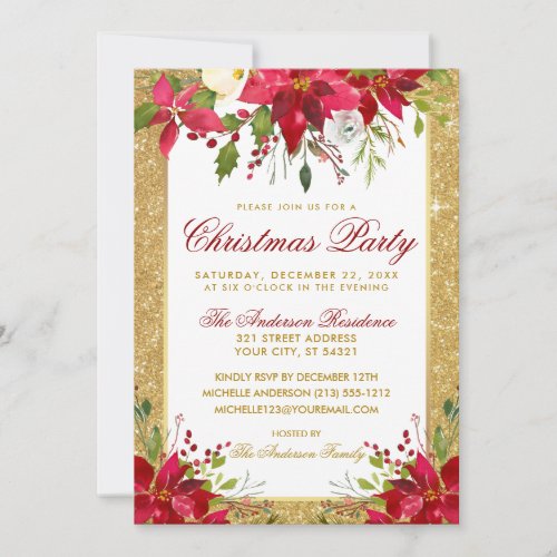 Gold Glitter Red Poinsettia Floral Christmas Party Invitation