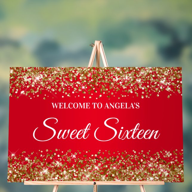 Gold Glitter Red Sweet Sixteen Acrylic Sign (Neutral)