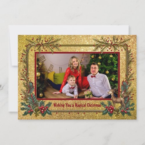 Gold Glitter Reindeer 4Photo 5x7 Flat Holiday Card