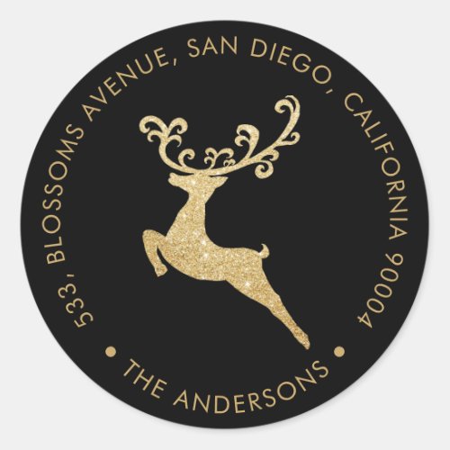 Gold Glitter Reindeer Black Return Address Holiday Classic Round Sticker