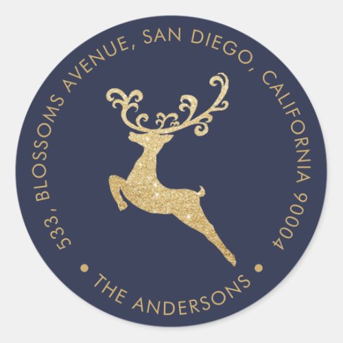 Gold Glitter Reindeer Blue Return Address Holiday Classic Round Sticker