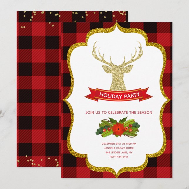 Gold Glitter Reindeer Christmas Holiday Invitation (Front/Back)