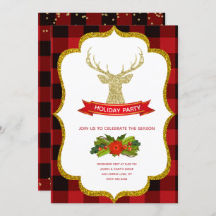 Gold Glitter Reindeer Christmas Holiday Invitation