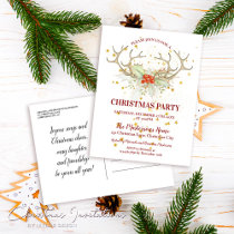 Gold Glitter Reindeer Christmas Party Invitation Postcard