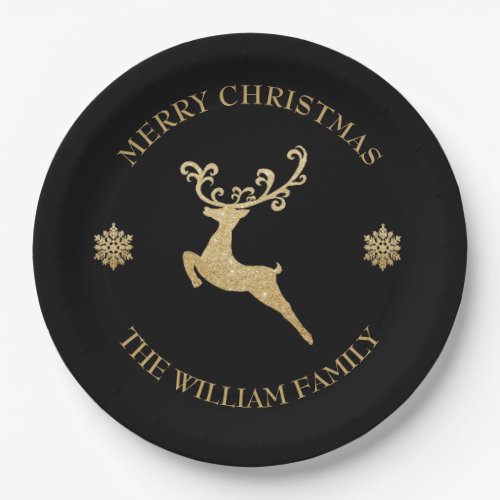 Gold Glitter Reindeer Merry Christmas Party Black Paper Plates