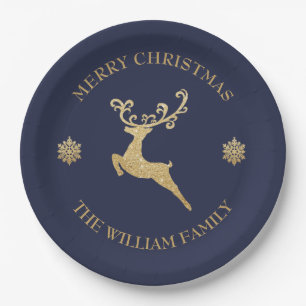 Gold Glitter Reindeer Merry Christmas Party Navy Paper Plates