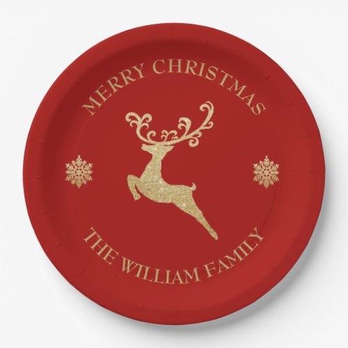 Gold Glitter Reindeer Merry Christmas Party Red Paper Plates