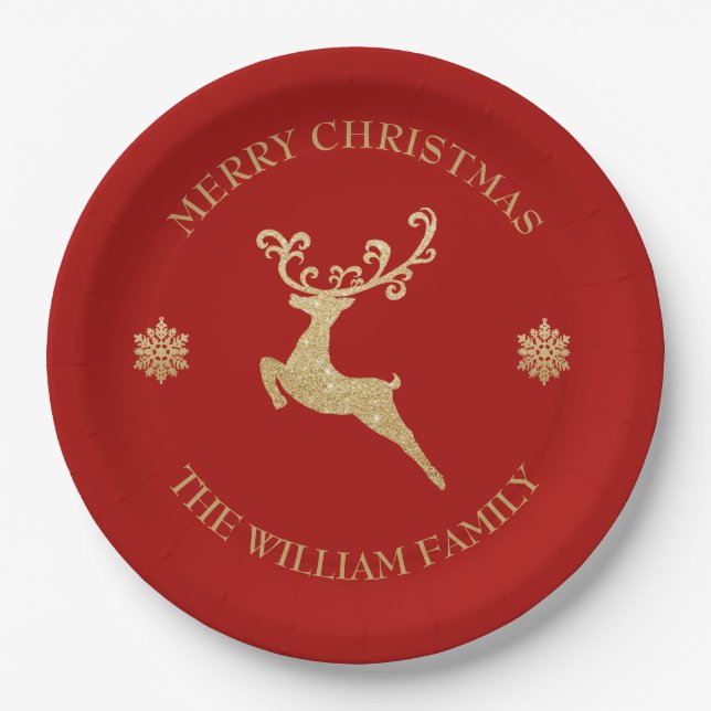 Gold Glitter Reindeer Merry Christmas Party Red Paper Plates (Front)