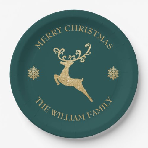 Gold Glitter Reindeer Merry Christmas Party Teal Paper Plates