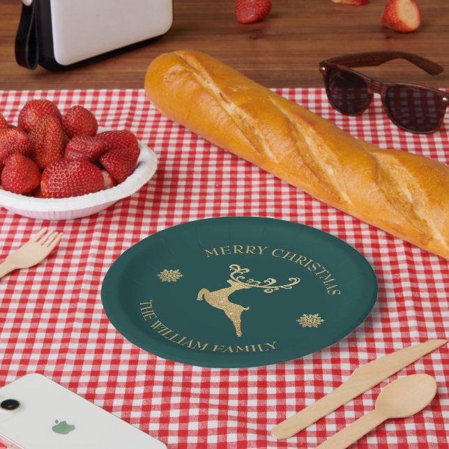 Gold Glitter Reindeer Merry Christmas Party Teal Paper Plates (Picnic)