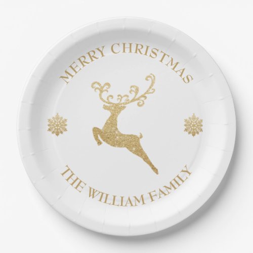 Gold Glitter Reindeer Merry Christmas Party White Paper Plates