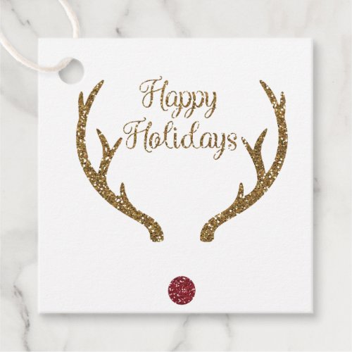 Gold Glitter Reindeer Red Nose Happy Holidays Gift Favor Tags