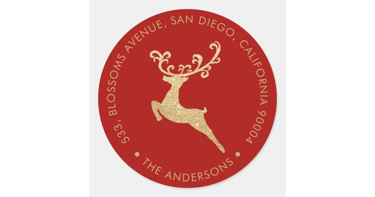 Red Return Sticker Gold Glitter Reindeer Red Return Address Holiday Classic Round Sticker ...