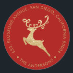 Gold Glitter Reindeer Red Return Address Holiday Classic Round Sticker<br><div class="desc">Gold Glitter Reindeer Red Return Address Holiday Round Sticker.</div>