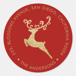 Gold Glitter Reindeer Red Return Address Holiday Classic Round Sticker