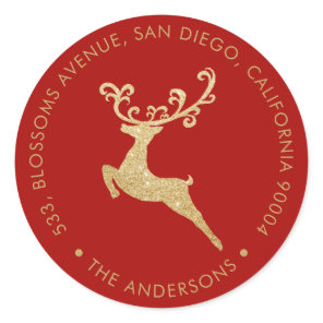 Gold Glitter Reindeer Red Return Address Holiday Classic Round Sticker