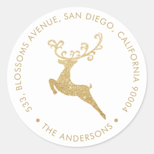 Gold Glitter Reindeer White Return Address Holiday Classic Round Sticker