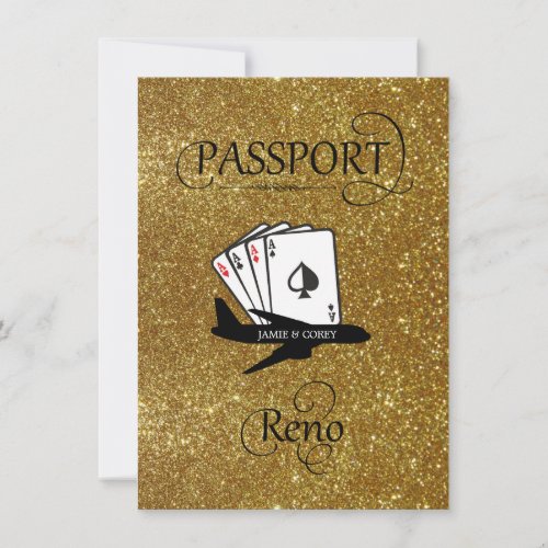 Gold Glitter Reno Passport Save the Date Card