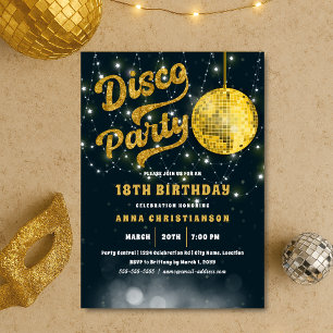 Gold Glitter Retro 70s Disco Ball Birthday Invitation