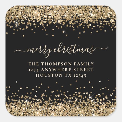 Gold Glitter Return Address Merry Christmas Black Square Sticker