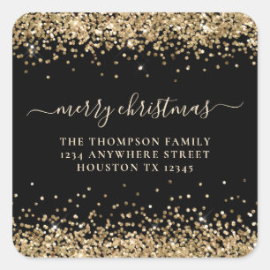 Gold Glitter Return Address Merry Christmas Black Square Sticker