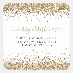 Gold Glitter Return Name Address Merry Christmas Square Sticker