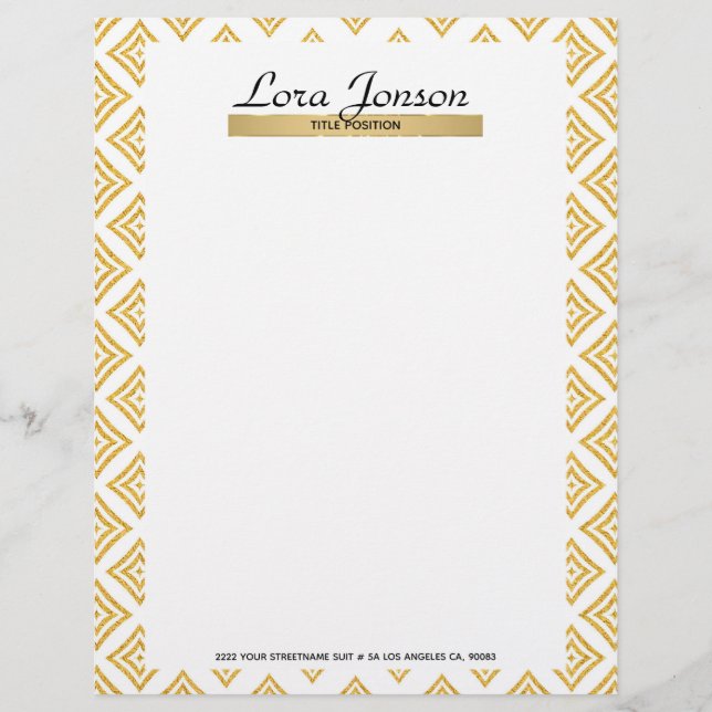 Gold Glitter Rhomboid Over White Background Letterhead (Front)
