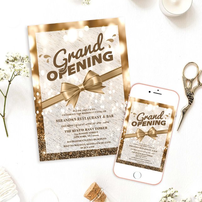 Gold Glitter Ribbon Cutting Grand Opening Invitation (Creator Uploaded)
