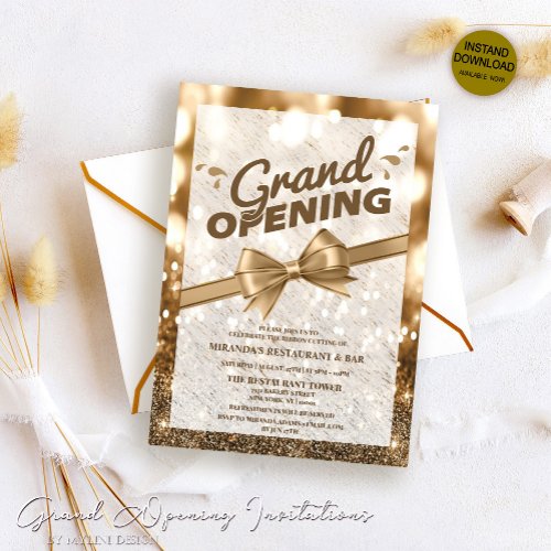 Gold Glitter Ribbon Cutting Grand Opening Invitation