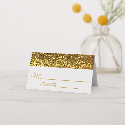Gold Glitter Ribbon Diamond Brooch on Black Weddin Place Card