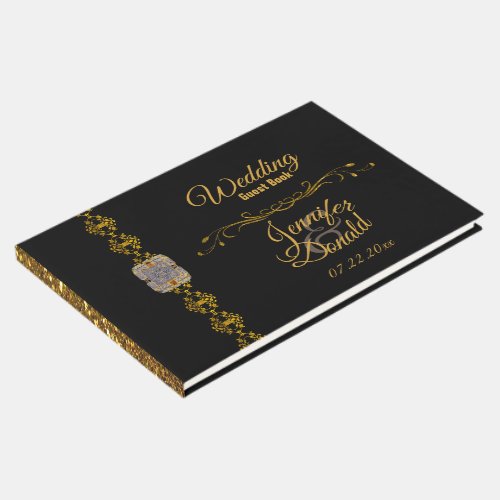 Gold Glitter Ribbon Diamond Brooch Wedding Guest Book