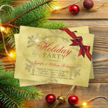 Gold Glitter & Ribbon | Xmas Holiday Red Invitation
