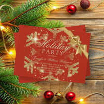Gold Glitter & Ribbon | Xmas Holiday Red Invitation