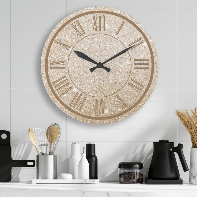Gold Glitter Roman Numeral Sparkle Girly Large Clock (Creator Uploaded)