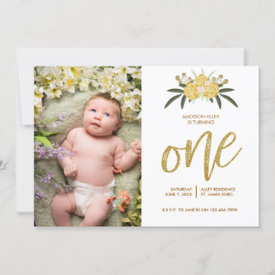 Gold Glitter Rose & Botanical Leaves 1st Birthday Invitation