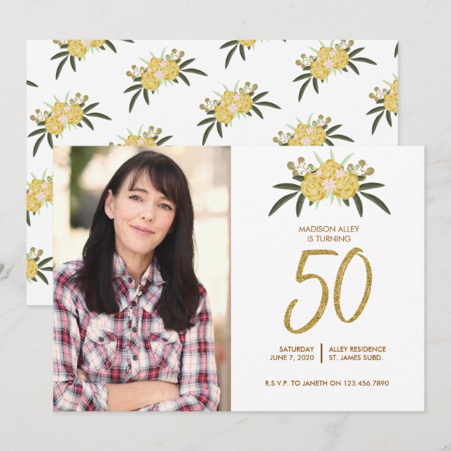 Gold Glitter Rose & Botanical Leaves 50th Birthday Invitation (Front/Back)