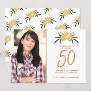 Gold Glitter Rose & Botanical Leaves 50th Birthday Invitation