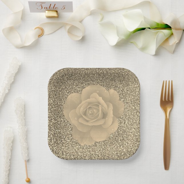 Gold Glitter Rose Floral Bridal Shower Wedding Paper Plates (Wedding)