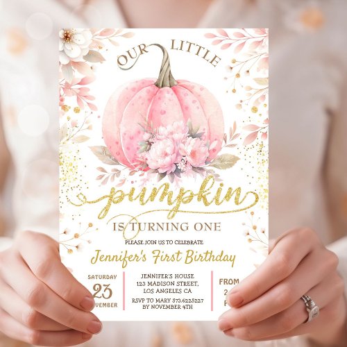 Gold Glitter Rose Floral Girl Pumpkin 1st Birthday Invitation