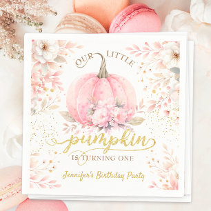 Gold Glitter Rose Floral Girl Pumpkin 1st Birthday Napkins
