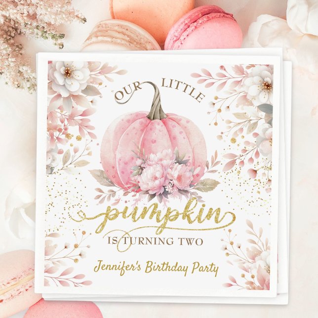 Gold Glitter Rose Floral Girl Pumpkin 2nd Birthday Napkins (Creator Uploaded)
