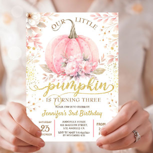 Gold Glitter Rose Floral Girl Pumpkin 3rd Birthday Invitation