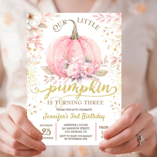 Gold Glitter Rose Floral Girl Pumpkin 3rd Birthday Invitation (Creator Uploaded)