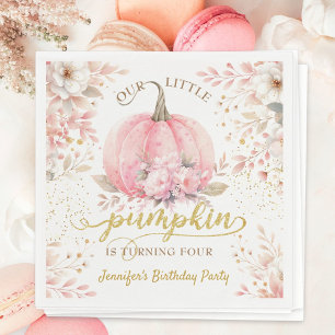 Gold Glitter Rose Floral Girl Pumpkin 4th Birthday Napkins