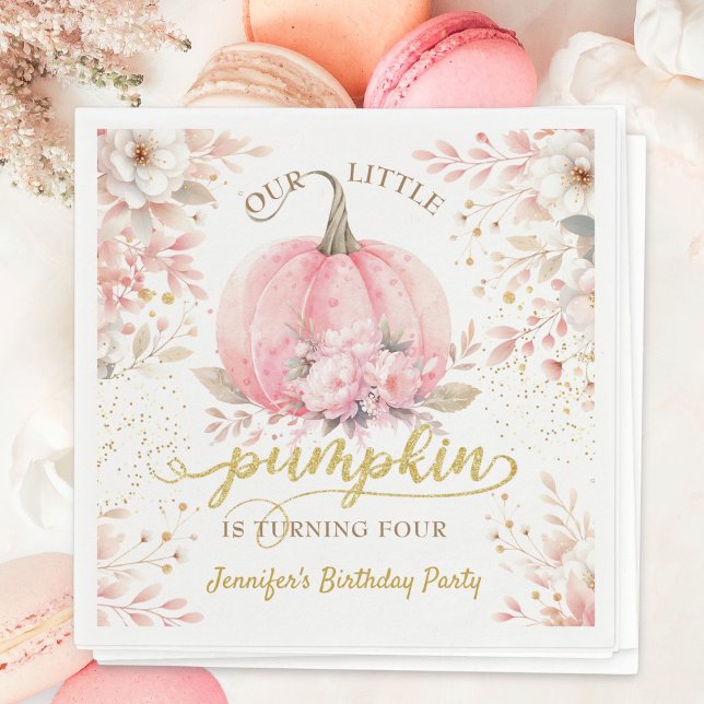 Gold Glitter Rose Floral Girl Pumpkin 4th Birthday Napkins (Creator Uploaded)