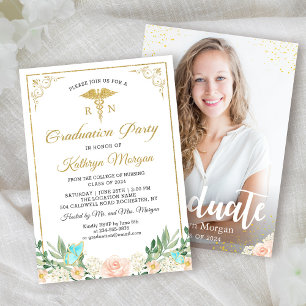 Gold Glitter Rose Garden Nursing Graduation Photo Invitation