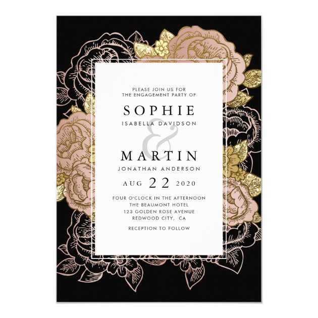 Gold & Glitter | Rose Gold Floral Engagement Party Invitation